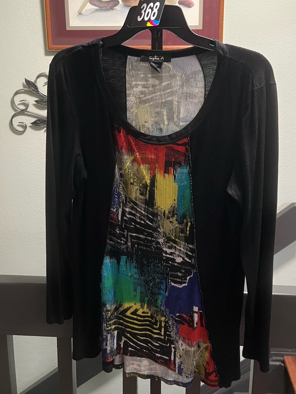 Studio Y Black Long-Sleeve Top with Multicolor Abstract Front Medium #368